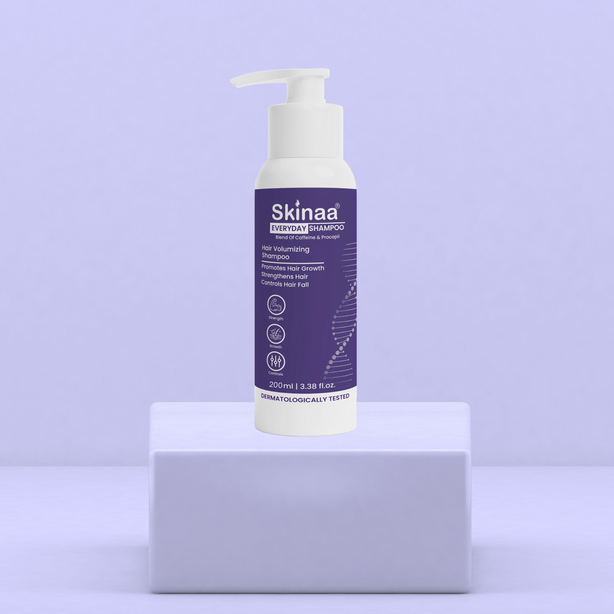 Skinaa Everyday Shampoo 200ml bottle with caffeine and peptides, formulated for hair growth, volume, and reducing hair fall